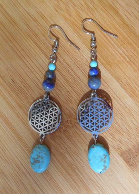 Boucles d’oreilles en acier inoxydable avec turquoise, lapis-lazuli et fleur de vie (Réf.BO 5125076)