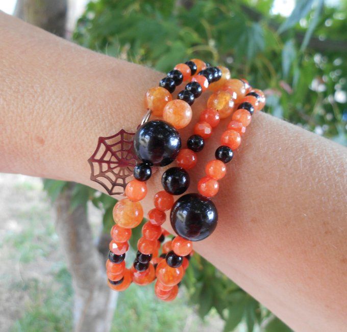 Bracelet agate noire, jade orange, perles de verre, pampilles en acier inox. (Réf. BR ANJ25022)