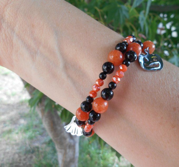 Bracelet agate noire, jade orange, perles de verre, pampilles en acier inox. (Réf. BR ANJ25023)