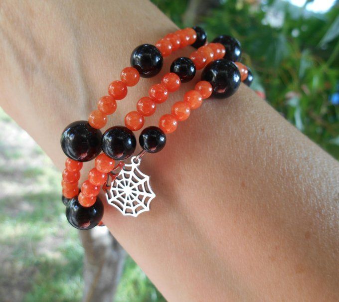 Bracelet agate noire, jade orange et pampilles en acier inoxydable (Réf. BR ANJ25024)