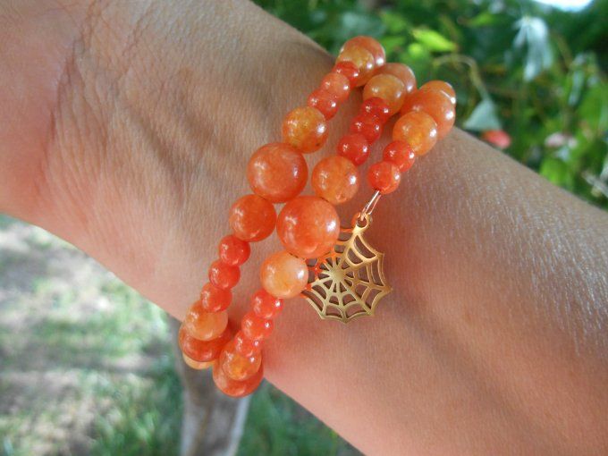 Bracelet jade orange, pampilles en acier inoxydable doré (Réf. BR ANJ25025)