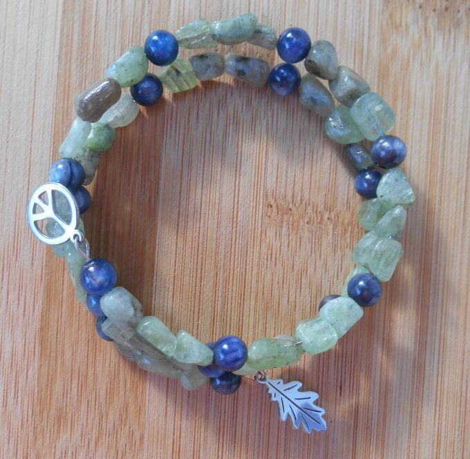 Bracelet avec disthène vert, disthène bleu et pampilles en acier inoxydable (Réf. BR ANJ25008)