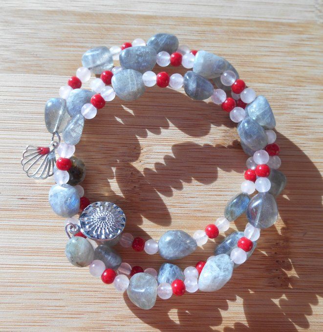 Bracelet avec labradorite, quartz rose, corail rouge et pampilles en acier inox. (Réf. BR ANJ25014)