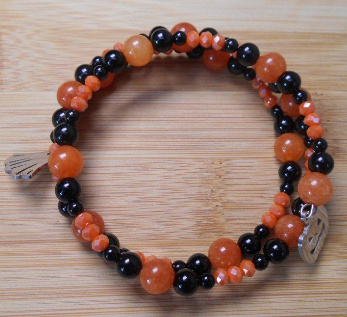 Bracelet agate noire, jade orange, perles de verre, pampilles en acier inox. (Réf. BR ANJ25023)