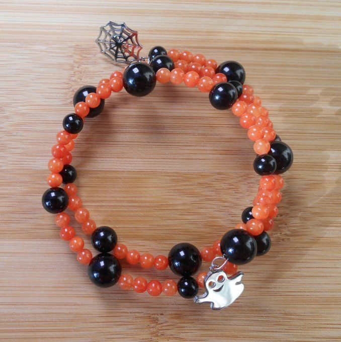 Bracelet agate noire, jade orange et pampilles en acier inoxydable (Réf. BR ANJ25024)