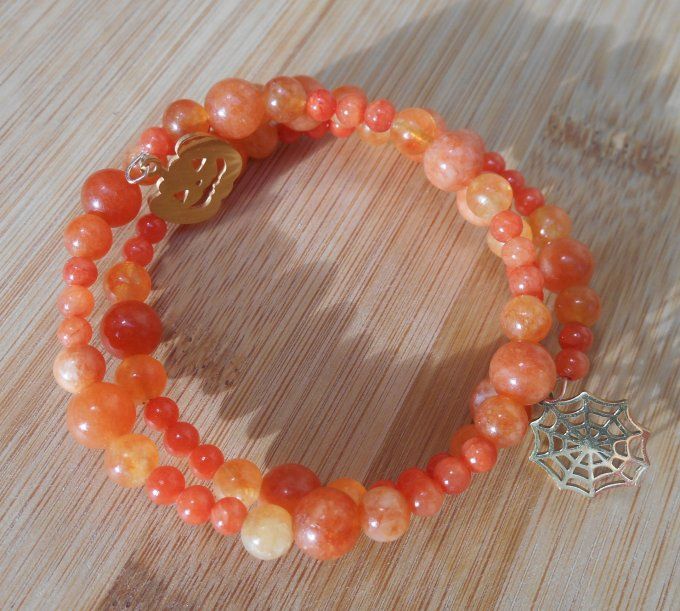 Bracelet jade orange, pampilles en acier inoxydable doré (Réf. BR ANJ25025)