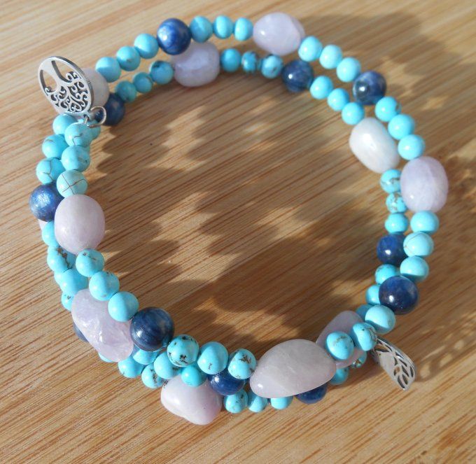 Bracelet acier avec kunzite, disthène bleu, turquoise et pampilles en acier inox. (Réf. BR ANJ25003)