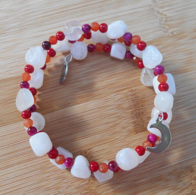 Bracelet acier avec pierre de lune, œil de tigre, aventurine, corail et pampilles (Réf. BR ANJ25012)