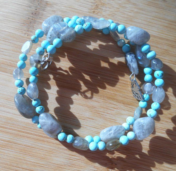 Bracelet avec labradorite, turquoise et pampilles en acier inoxydable (Réf. BR ANJ25015)