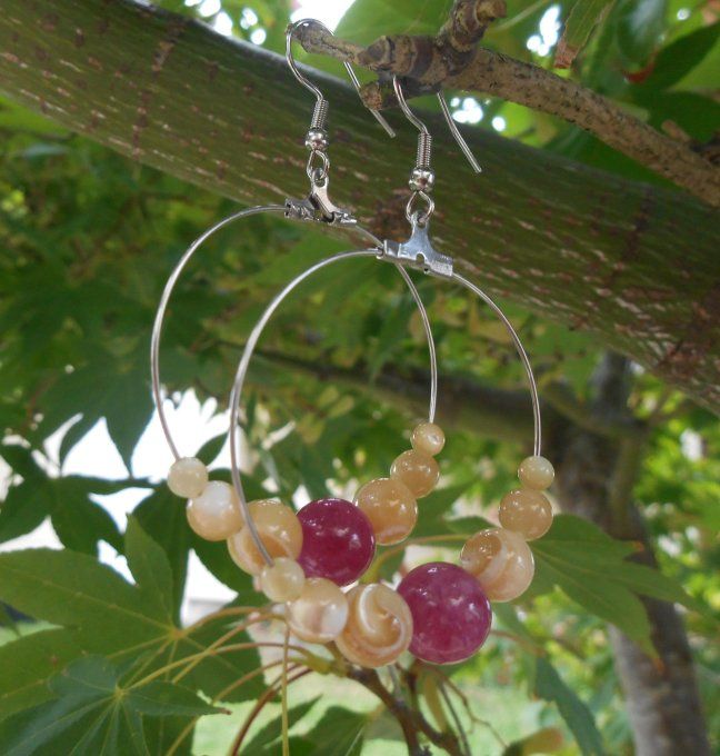 Créoles en acier inoxydable avec trochus et tourmaline rose (Réf. BO 2524068)