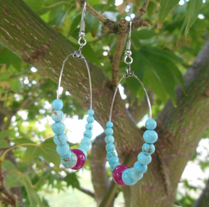 Créoles en acier inoxydable avec turquoise bleue et tourmaline rose (Réf. BO 2524066)
