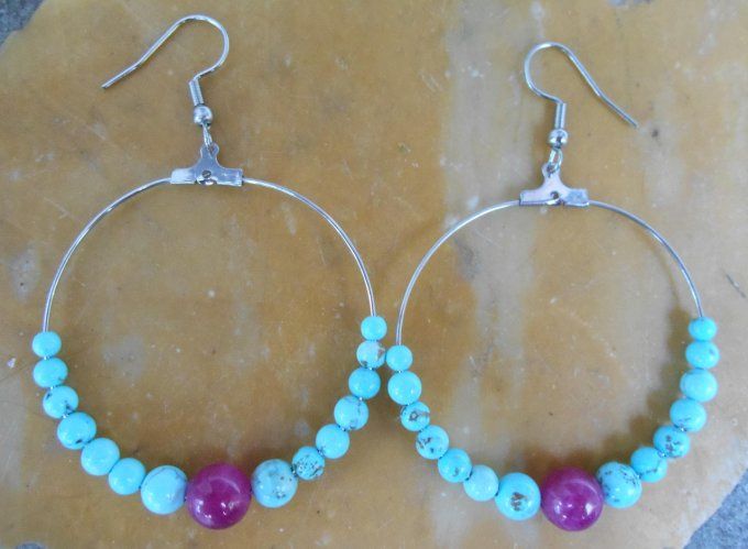 Créoles en acier inoxydable avec turquoise bleue et tourmaline rose (Réf. BO 2524066)