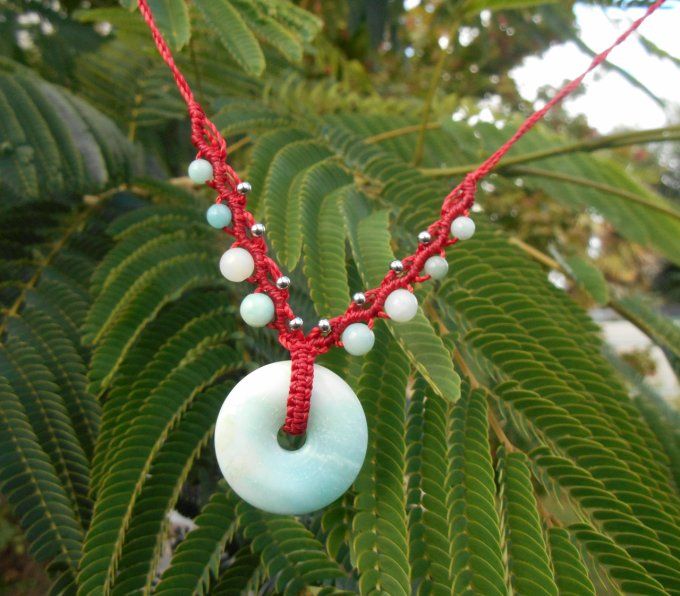 Collier avec tissage rouge, amazonite et acier inoxydable (Réf.CO 3824189)  